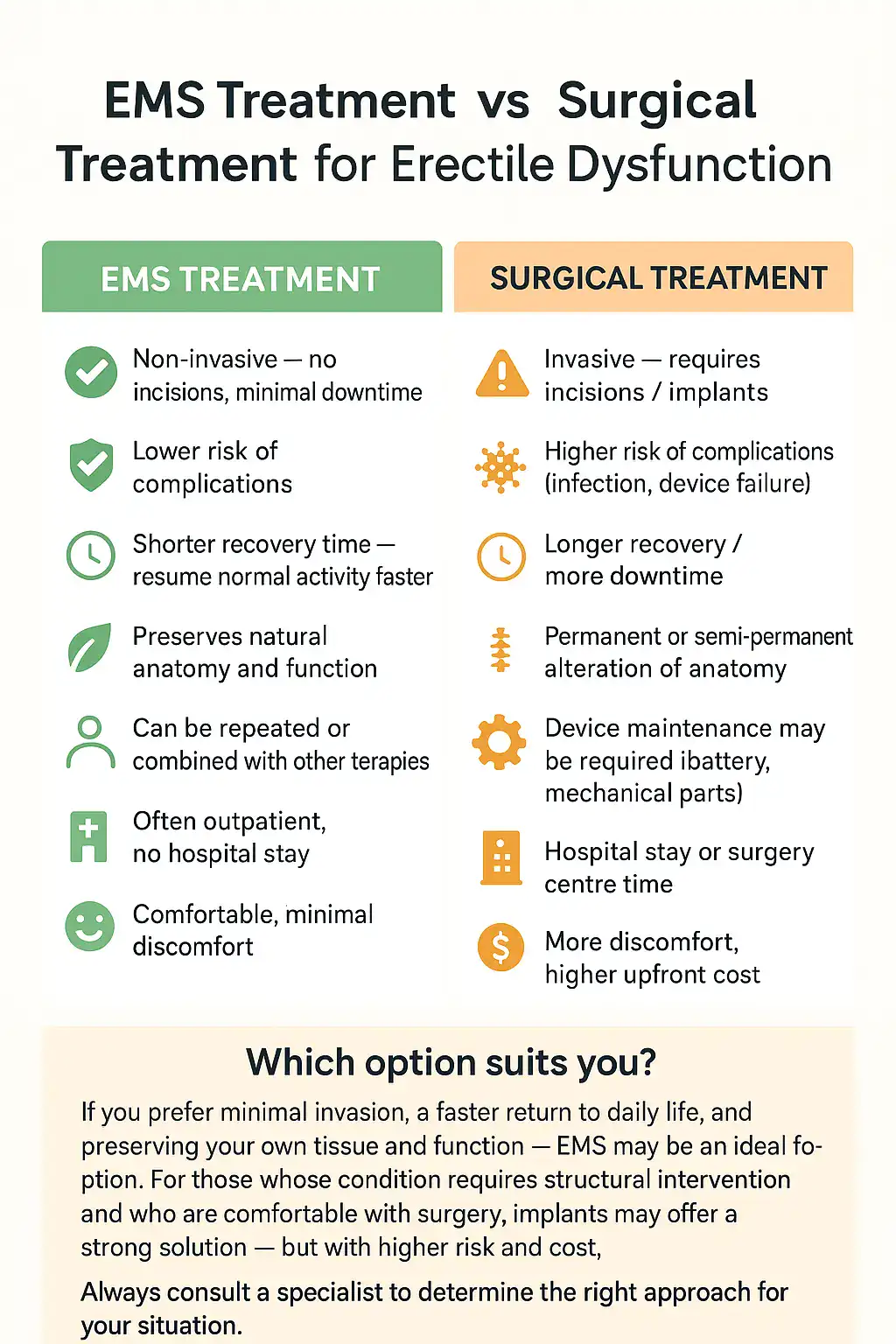 A table showing the benefits of EMS chair for erectile dysfunction treatment London compared to surgery.
