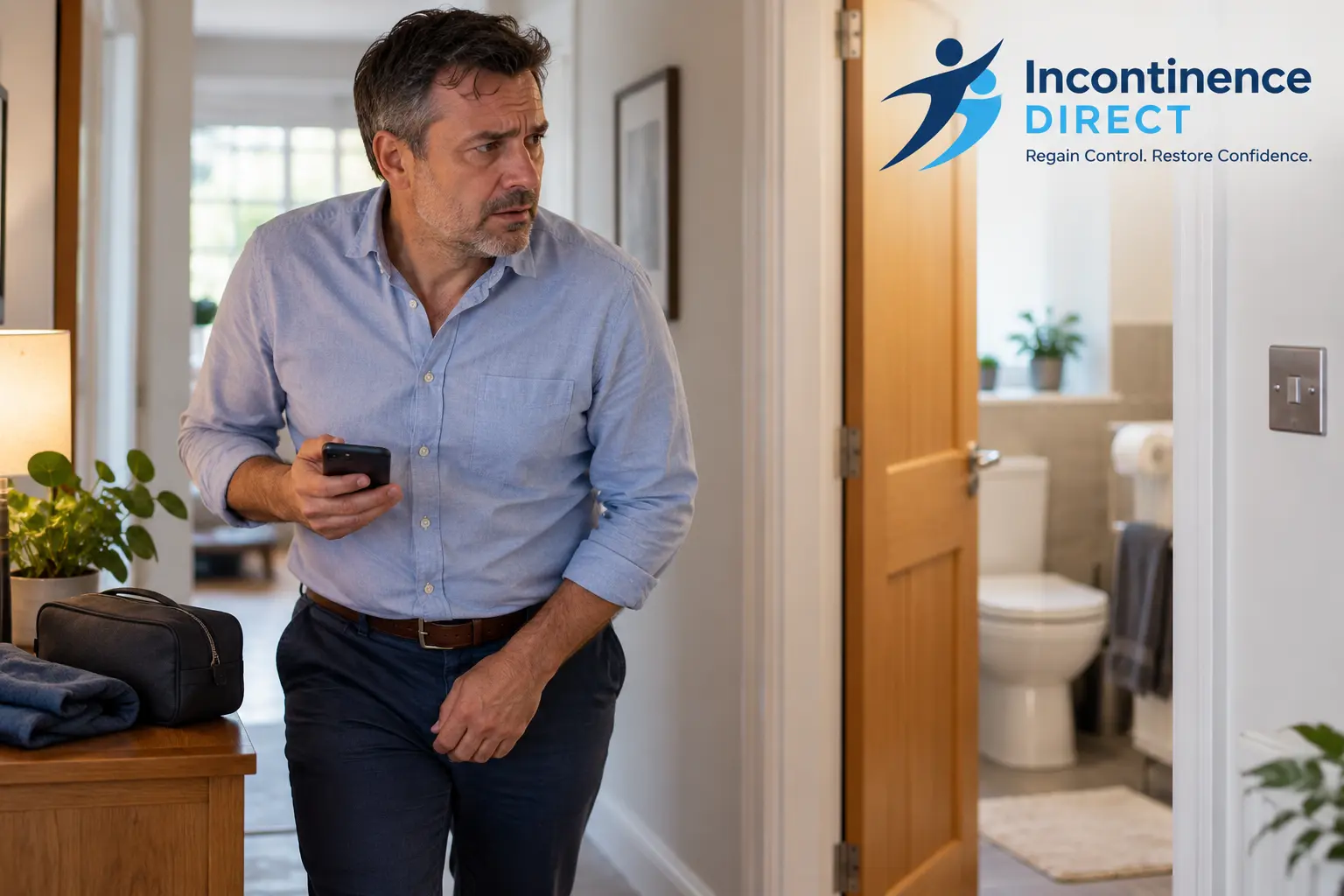 Worried Man Near Open Bathroom affected from faecal incontinence safety tips from incontinence direct London