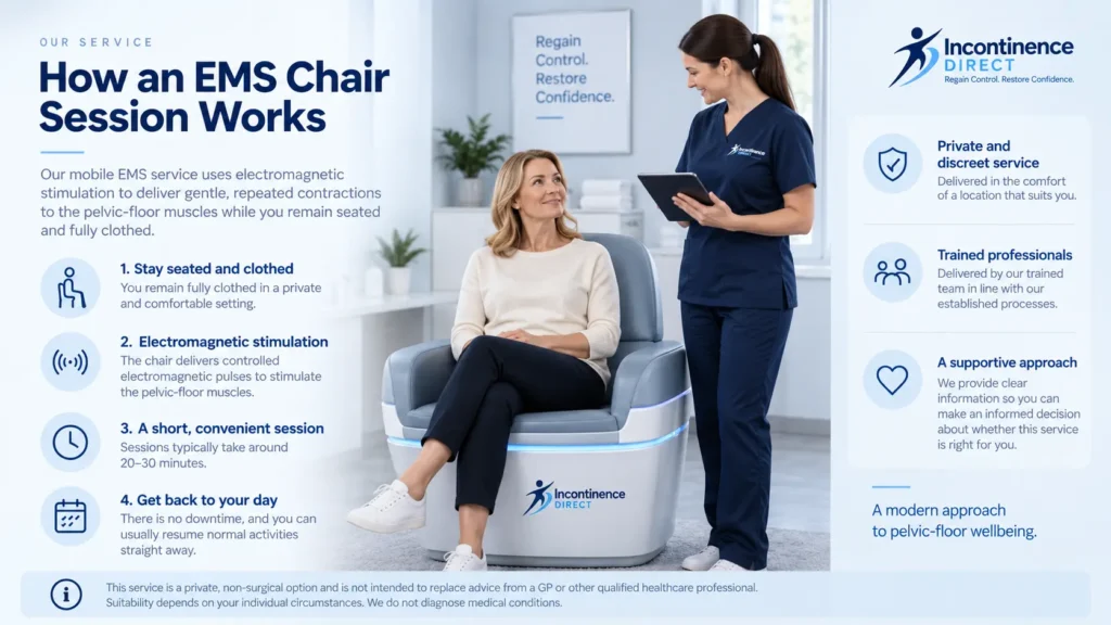 Illustration showing an EMS chair session at Incontinence Direct London