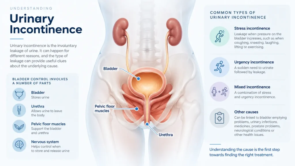 incontinence direct London infographic on urinary incontinence symptoms reasons and treatment options