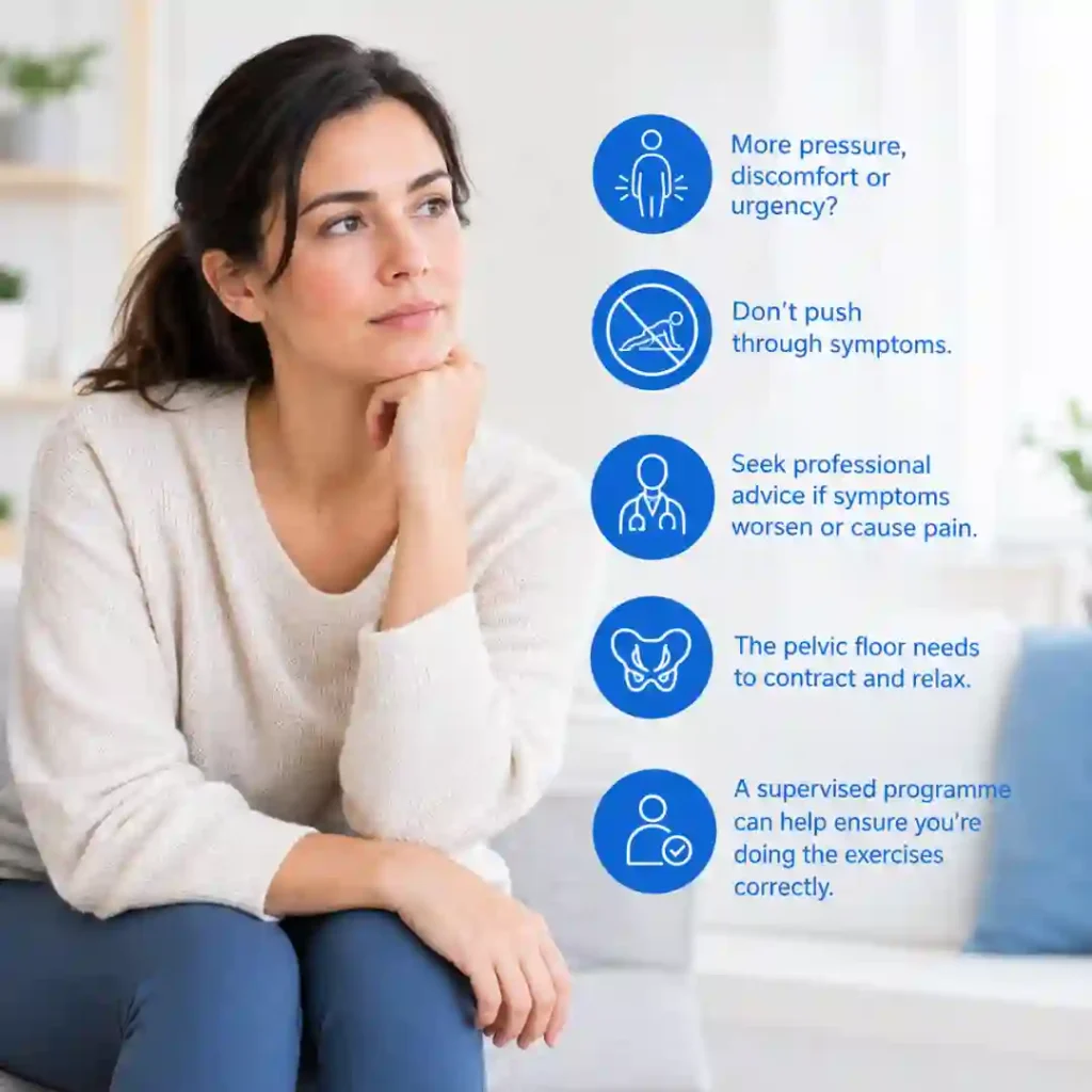 Pelvic-floor exercises London involve controlled contraction and relaxation. Persistent pressure, discomfort or urinary urgency may warrant professional assessment.